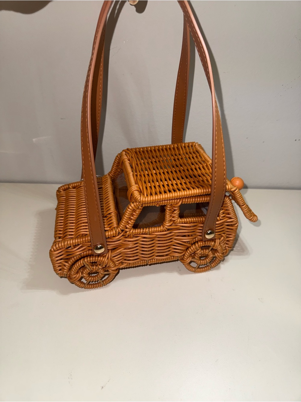 Viral Tommy Bahama Woven Rattan Car-Shaped Handbag in Warm Tan